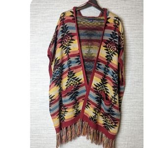 AE Hooded Native/Tribal Fringe Poncho Wrap Sweater